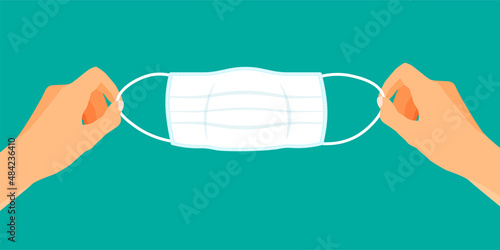 Hands holds surgical mask. Virus prevention and flu protection. How to wear medical maks. Vector illustration isolated on blue background.