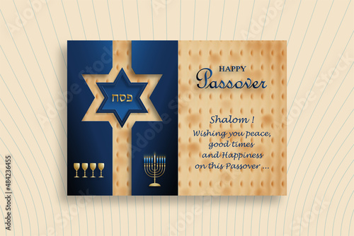 Happy Passover card, the Pessah holiday with nice and creative Jewish symbols and gold paper cut style on color background