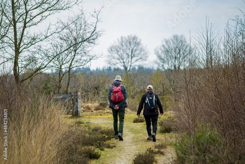 Elderly couple hiking in Nature park Adderveen near Appelscha in Denthe The Netherlands photo
