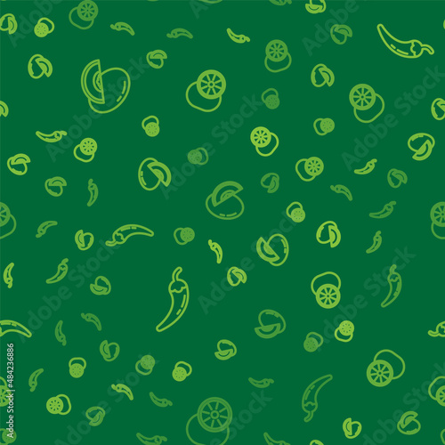 Set line Melon fruit, Hot chili pepper pod and Kiwi on seamless pattern. Vector