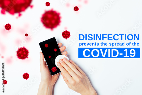 Disinfection prevent spread of COVID-19 text photo