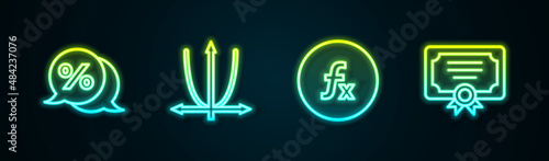 Set line Discount percent tag, Graph, schedule, chart, diagram, Function mathematical symbol and Certificate template. Glowing neon icon. Vector