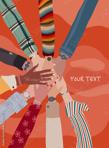 Group hands on top of each other of diverse multi-ethnic and multicultural people.Diversity people.Concept of teamwork community and cooperation.Racial equality.Poster - banner - template