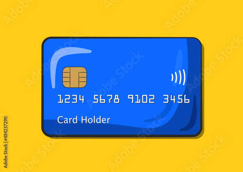 Blue credit card with shadow and background. Vector. Cartoon