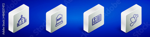 Set Isometric line Church building, Tombstone with RIP written, Holy bible book and Dove icon. Vector