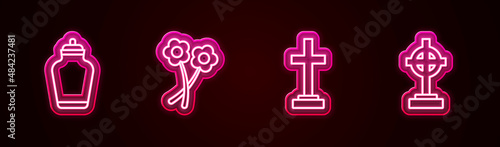 Set line Funeral urn, Flower, Grave with cross and . Glowing neon icon. Vector