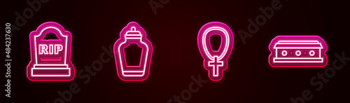 Set line Tombstone with RIP written, Funeral urn, Christian cross chain and Coffin. Glowing neon icon. Vector