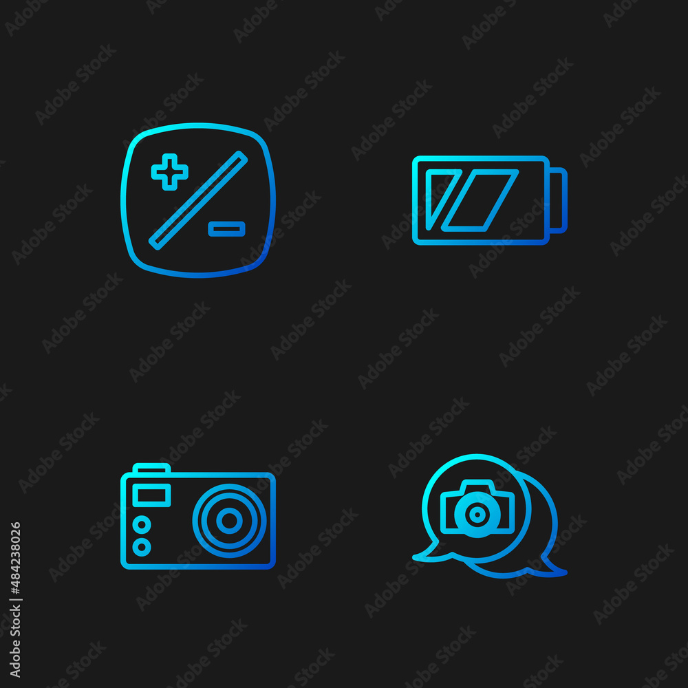 Set line Photo camera, , Exposure compensation and Battery for. Gradient color icons. Vector Set line Photo camera, , Exposure compensation and Battery for. Gradient color icons. Vector