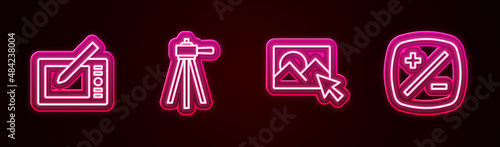 Set line Graphic tablet, Tripod, Photo retouching and Exposure compensation. Glowing neon icon. Vector