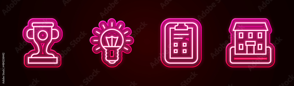 Set line Award cup, Light bulb, Exam sheet with check mark and School building. Glowing neon icon. Vector Set line Award cup, Light bulb, Exam sheet with check mark and School building. Glowing neon icon. Vector