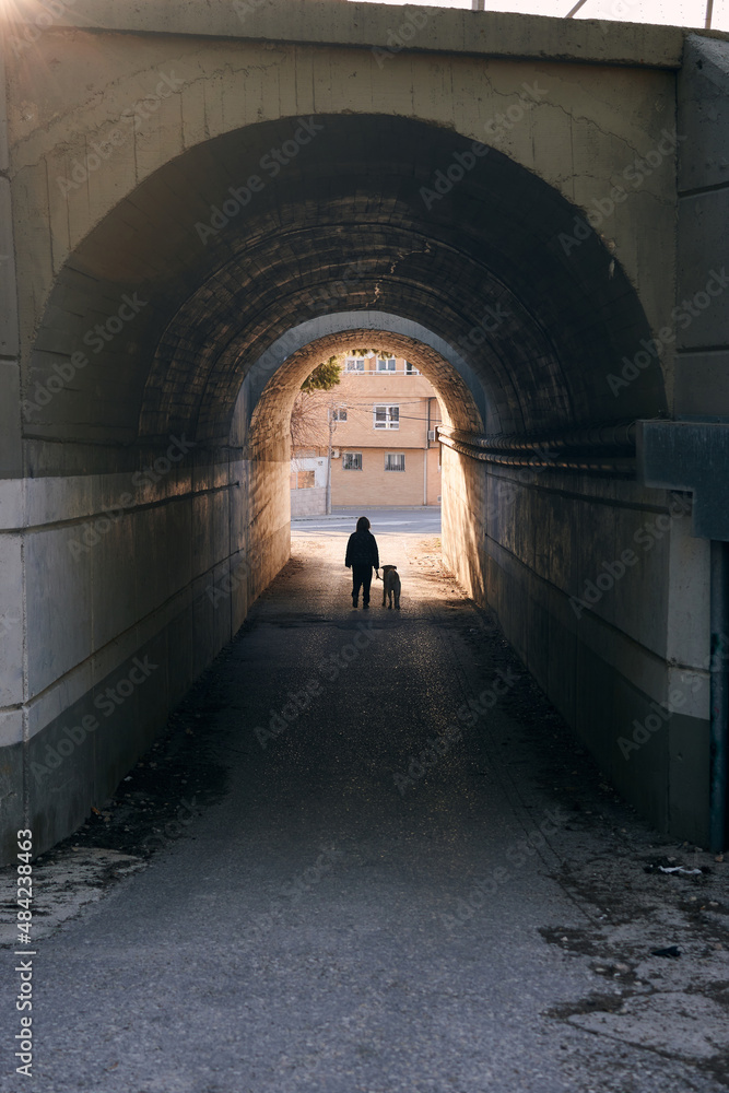 Silhouette of a woman and her dog walking through a city tunnel
