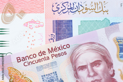 Wallpaper Mural A macro image of a pink, plastic fifty peso bank note from Mexico paired up with a colorful fifty pound bank note from Sudan.  Shot close up in macro. Torontodigital.ca