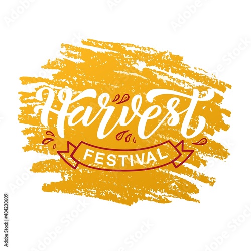 Hand drawn vector illustration with color lettering on textured background Harvest Festival for event, festival, picnic, invitation, celebration, card, print, poster, banner, decor, wall art, template