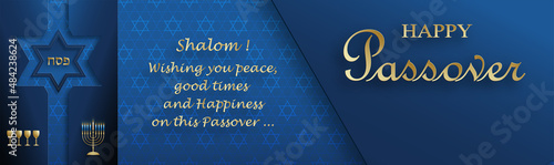 Happy Passover card, the Pessah holiday with nice and creative Jewish symbols and gold paper cut style on color background