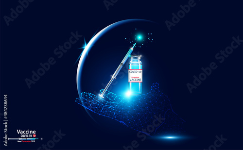 Abstract The COVID-19 vaccine consists of a needle for injecting a vial, a hand wireframe, a vaccine concept produced using modern technology. Prevent coronavirus disease