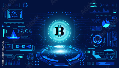 abstract technology ui futuristic concept bitcoin interface hologram elements of digital data chart, communication, computing and circle percent vitality innovation on hi tech future design background