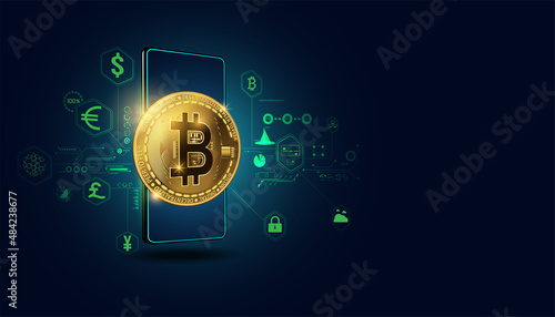Abstract Digital bitcoin Finance in the Online World By Mobile Internet, Transactions in Online Systems On the background is a digital map, internet, stock trading. Connected all over the world