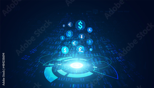 Abstract Digital Hologram DeFi Decentralized Finance Blockchain, cryptocurrency and bitcoin, online, internet transaction Futuristic.