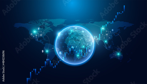 Abstract world and map Digital finance in the online world consists of various kinds of currencies. And doing business in the online system