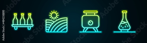 Set line Bottle of wine, Vineyard grapes, Fermentation and Decanter for. Glowing neon icon. Vector