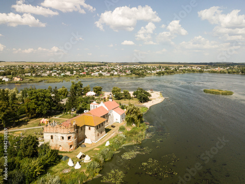Aerial to Starokostiantyniv castle built at the confluence of the Sluch and Ikopot rivers, Ukraine