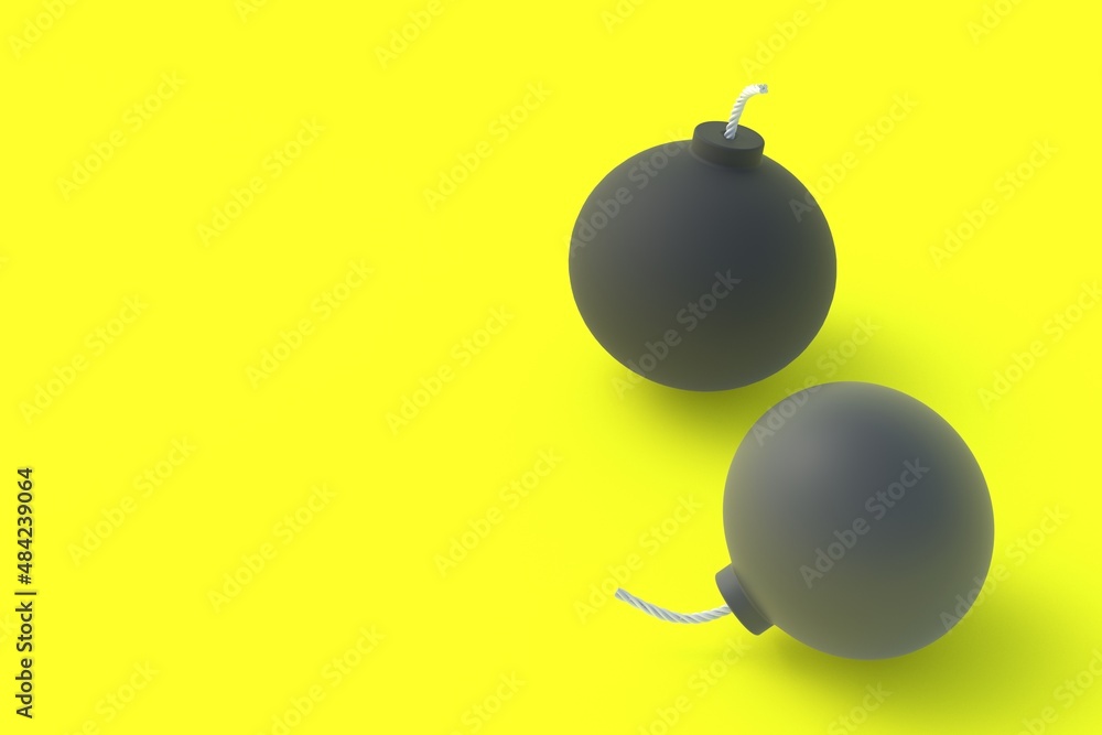 Round old bombs with fuze on yellow background. Copy space. 3d render