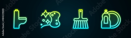 Set line Toilet bowl, Sponge, Handle broom and Dishwashing liquid bottle. Glowing neon icon. Vector