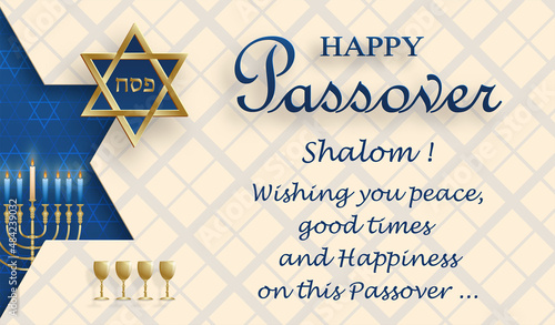 Happy Passover card, the Pessah holiday with nice and creative Jewish symbols and gold paper cut style on color background photo