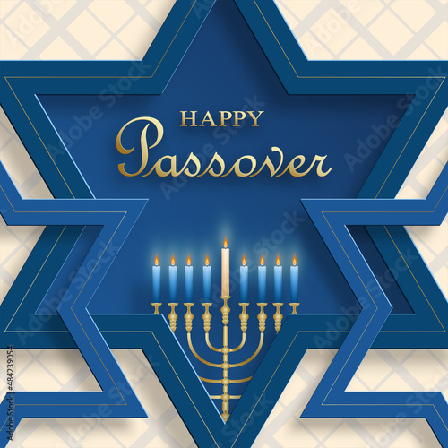 Happy Passover card, the Pessah holiday with nice and creative Jewish symbols and gold paper cut style on color background