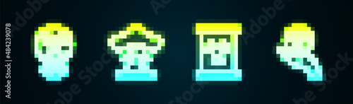 Set line Radioactive, Nuclear explosion, waste in barrel and . Glowing neon icon. Vector