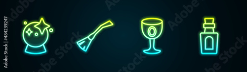 Set line Magic ball, Witches broom, Medieval goblet and Bottle with potion. Glowing neon icon. Vector