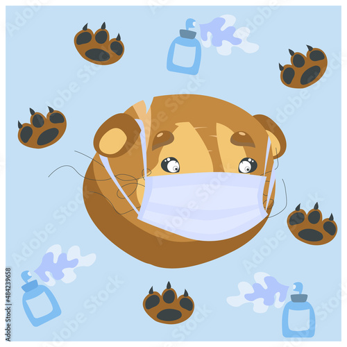 a lion in a medical mask on the background of antiseptic bottles and paws