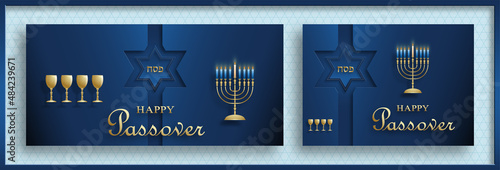 Happy Passover card, the Pessah holiday with nice and creative Jewish symbols and gold paper cut style on color background
