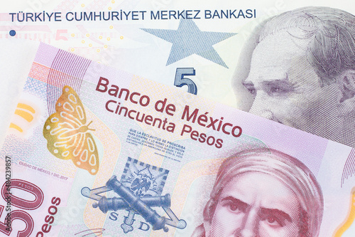 A macro image of a pink, plastic fifty peso bank note from Mexico paired up with a purple, five lira bank note from Turkey.  Shot close up in macro.