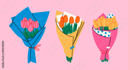 Three bouquets of Tulips. Bouquet of spring fresh flowers wrapped in gift paper. Beautiful lush tulips for Mother's Day. Holiday floral decor. Hand drawn Vector set. Colorful isolated illustrations