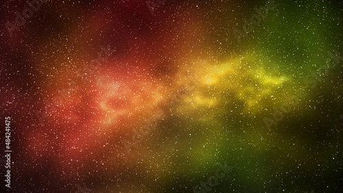 Night starry sky and bright yellow red galaxy, horizontal background