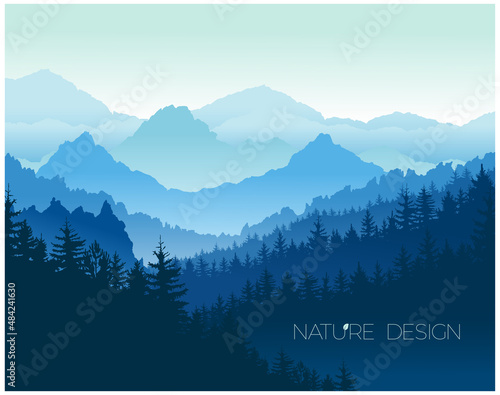 Vector mountain landscape with forest. Banner with mountain composition with trees, for wall art print, minimal interior design, social media, modern poster. Isolated on white background.