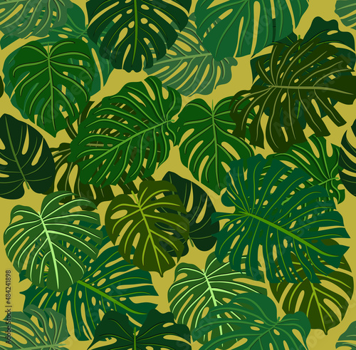 seamless pattern with green monstera tropical leaves