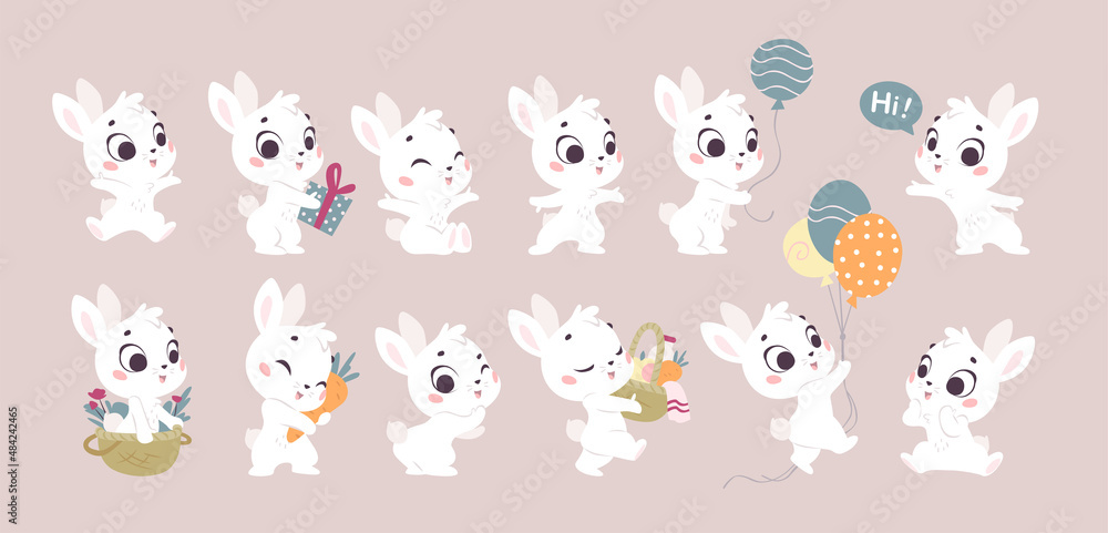 Collection of cute little white baby bunny with balloons, sit, jump, carry gift, basket, carrot isolated. Hare character bundle. Vector flat illustration for cards, kid prints, banners design.
