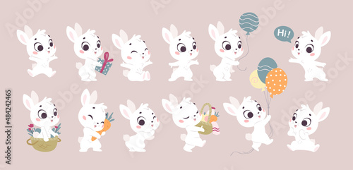 Collection of cute little white baby bunny with balloons  sit  jump  carry gift  basket  carrot isolated. Hare character bundle. Vector flat illustration for cards  kid prints  banners design.