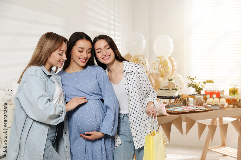 custom made wallpaper toronto digitalHappy pregnant woman spending time with friends at baby shower party