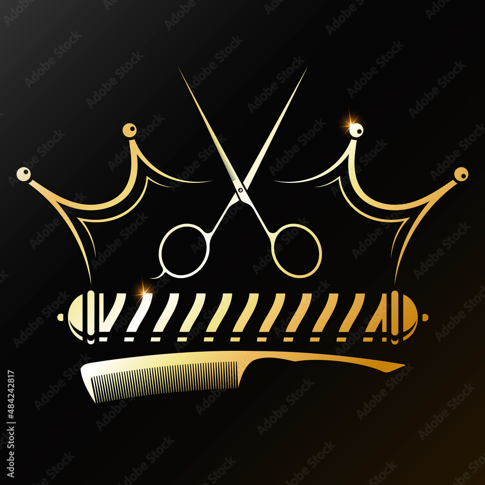 Golden barbershop crown. Scissors and comb barber tool. Barbershop and hair  salon gold symbol Stock Vector | Adobe Stock
