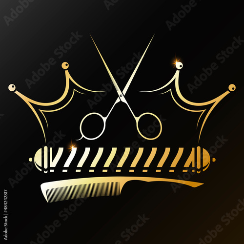 Golden barbershop crown. Scissors and comb barber tool. Barbershop and hair salon gold symbol