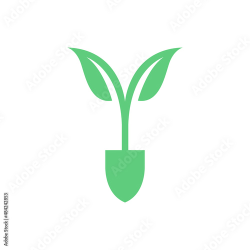 shovel with green leaf growth logo design, vector graphic symbol icon illustration creative idea