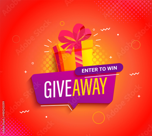 Giveaway bright banner,invitation to victory.Enter to win,welcome to poster with gift box with prize to winner.Template design for social media posts,web with bubble.Offer reward in contest,vector.