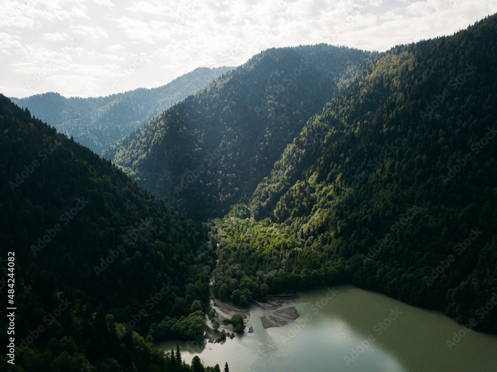 Drone view View of the lake in the mountains