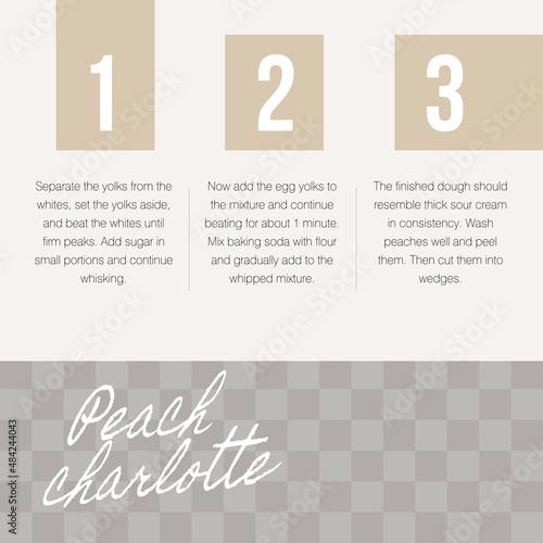 Square universal template for print, web and social networks. Infographic in the form of three numbered columns and a frame for a photo. In coffee colors. Theme. Trend vector illustration.