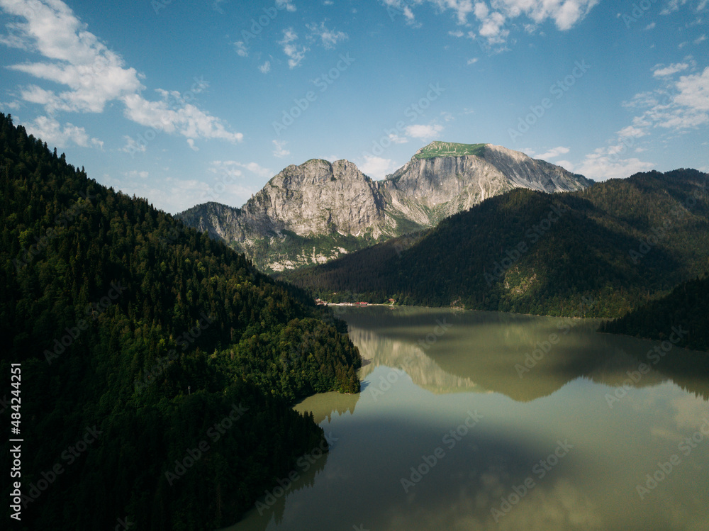 Drone view View of the lake in the mountains