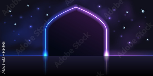 Neon glowing gate, night starry sky, galaxy space, podium stage. Blue and purple neon light effect portal, virtual reality, fantasy game background, techno futuristic vector illustration