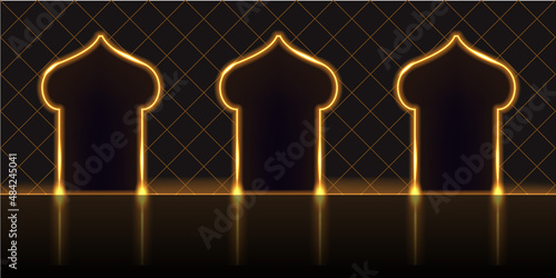 Golden arch gates, neon glowing yellow light effect. Techno futuristic portal, podium stage platform, cyberpunk room design Virtual reality background. Vector illustration